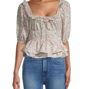Floral Smocked Puff Sleeves Ruffled LUSH Top